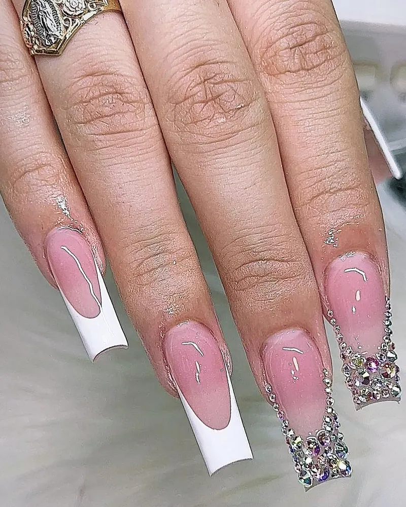 Classic white French coffin nails with one crystal pavé accent nail